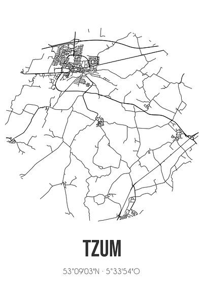 Tzum (Fryslan) | Landkaart | Zwart-wit van Stad & Wand