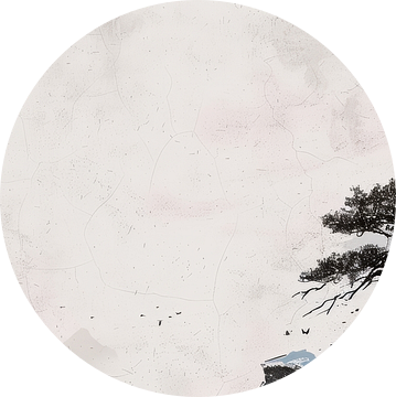 Asian panorama illuistratie met zwartre bomen en rode zon van Digitale Schilderijen