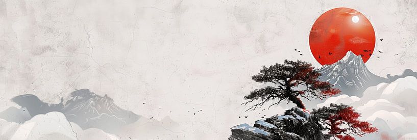 Asian panorama illuistration with black trees and red sun by Digitale Schilderijen
