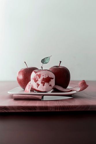 Werelds Gezicht van Appel | Elegante Keuken Fotografie: Rode Appels met Wereldkaart Schilpel