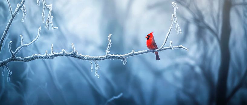 Roter Vogel auf eisigem Ast von Poster Art Shop