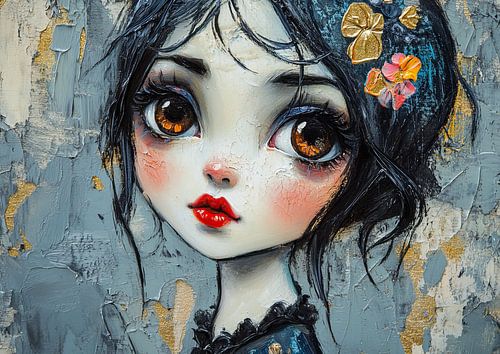 Girl and Flowers | Woman with Golden Flowers in Her by Eye catching paintings