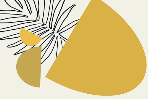 Abstracte retro plantkunde. Blad en ronde vormen in geel, beige, grijs, zwart
