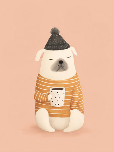 Bulldog with Coffee in a Beanie – Cozy Dog Art