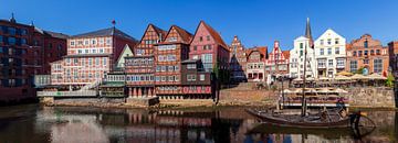 Historische huisgevels Am Stintmarkt, rivier Ilmenau, oude binnenstad, Lüneburg, Nedersaksen, Duitsl