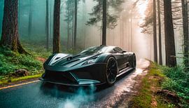 Zwarte sportwagen in het bos