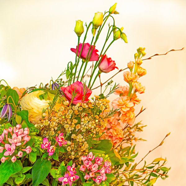Detail of colourful bouquet of flowers in a warm, retro atmosphere by Stephaniek Putman