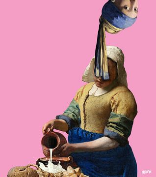 Vermeer zusjes popart Meisje met de Parel, Melkmeisje - roze van Miauw webshop