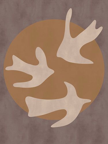 Boho-stijl: abstracte moderne kunst met vogels en de zon