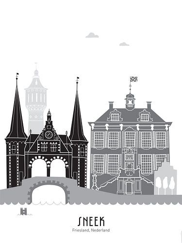 Skyline illustratie stad Sneek in zwart-wit-grijs