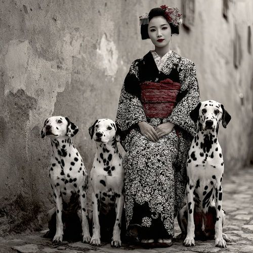 Une geisha japonaise avec trois dalmatiens.