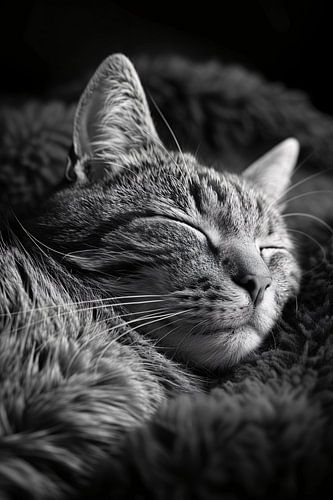 Zwart-witfoto van een slapende kat