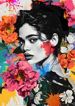 Vrouw met bloemen pop art stijl van Rosa Piazza