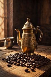 Oosterse koffiepot met koffiebonen op houten tafel
