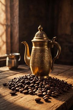 Oriental coffee pot with coffee beans on wooden table by Jan Bouma