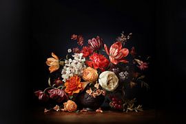 Stillleben mit mehreren Blumen auf Vase vor schwarzem Hintergrund von Margriet Hulsker