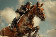 Springruiter in actie op een vos paard van Poster Art Shop thumbnail