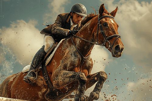 Springruiter in actie op een vos paard