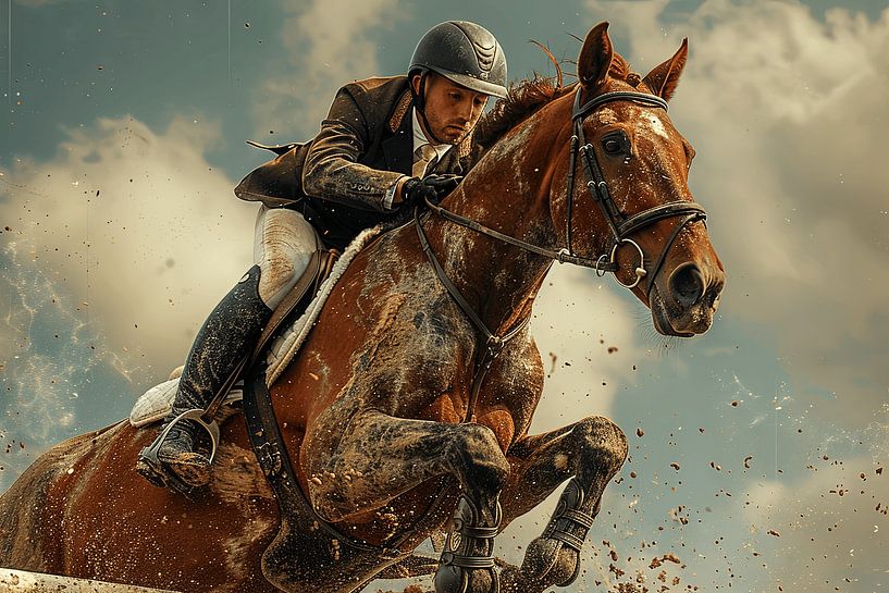 Springruiter in actie op een vos paard van Poster Art Shop