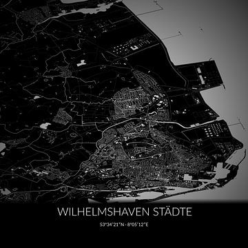 Carte en noir et blanc de Wilhelmshaven Städte, Basse-Saxe, Allemagne. sur Rezona