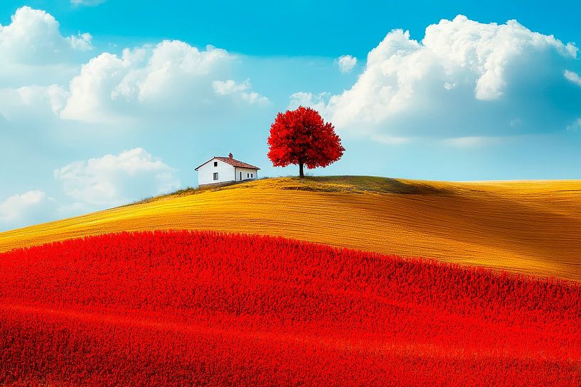 House under a red tree - landscape view by Poster Art Shop