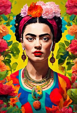 schilderij van Frida met bloemen in haar haar van Dreamy Faces