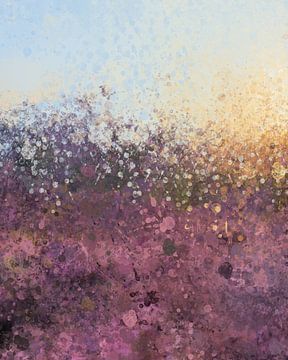 Splatter II bloeiende Heide | Abstract schilderij van een landschap in paars, lavendel, geel en blau van MadameRuiz
