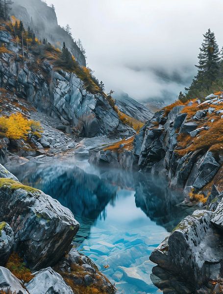 Mystieke sfeer aan de oever van het bergmeer van fernlichtsicht