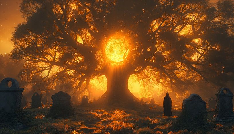 Mysterieuze schemering bij de reusachtige boom van artefacti