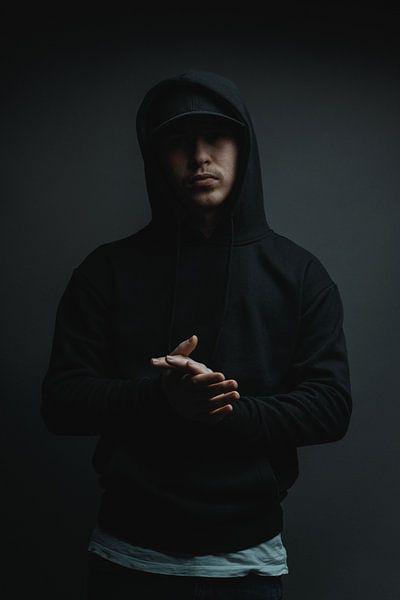 Cool Rapper In Hoodie And Cap Claps Hands by Besa Art