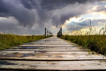 wooden bridge over the north sea in cloudy skies