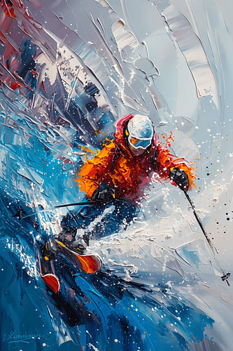 Abstract Skier Impasto Painting – Dynamic Winter Sports Art