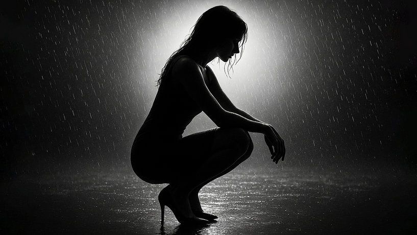 Tanz im Regen - Weibliche Silhouette in dramatischem Licht von Retinas images