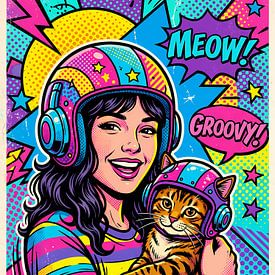 Frau mit Katze in Pop Art von Liona Toussaint