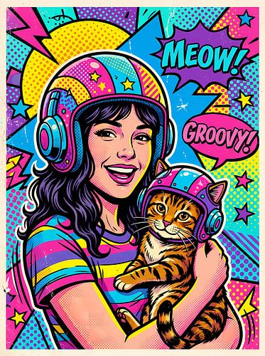 Vrouw met kat in popartstijl