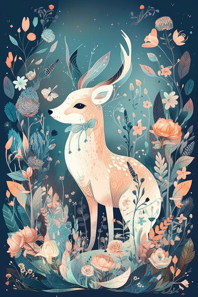 Deer with blue background by Digitale Schilderijen