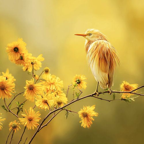 The Golden Heron on the Flower Branch