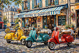 Scooters parked outside a bistro in Paris
