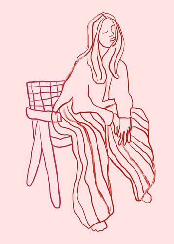 Strichzeichnung: Porträt in Rot und Rosa