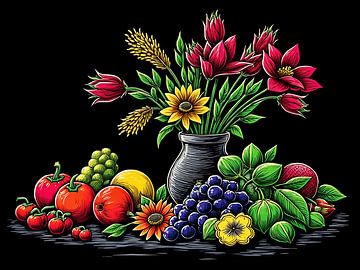 Een kleurrijk stilleven met druiven en bloemen van The Photo Artist