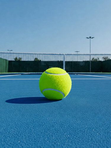 Heldere tennisbal op blauwe baan