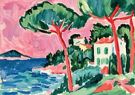 Mediterrane Küste mit Pinien und rosa Himmel von Niklas Maximilian