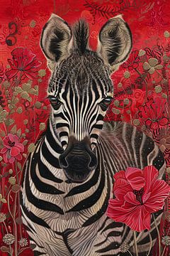 Zebra met bloemen op rode achtergrond van Art & Soul Creations