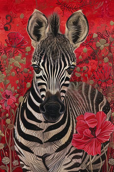 Zebra with flowers on red background by Art & Soul Creations