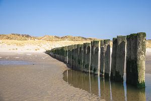 Houten palen op een rij op het strand van Simone Janssen