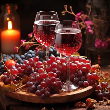 Nature morte de deux verres de vin rouge remplis sur Cafe Noir
