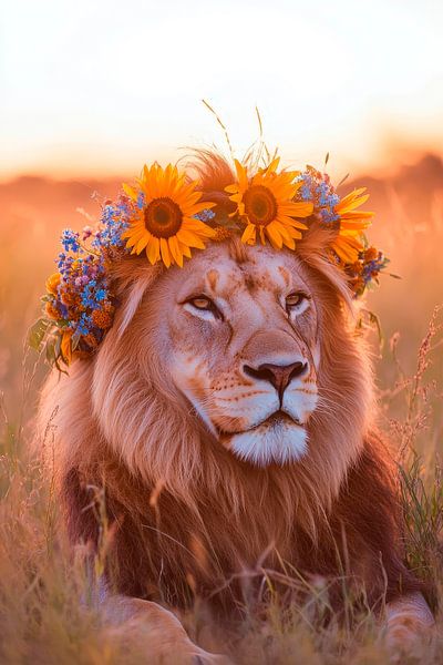 Lion with wreath of flowers in the evening light by Poster Art Shop