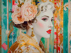 Art Deco / Pop Art Portrait einer eleganten Frau mit Blumen