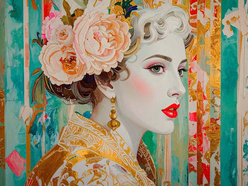 Art Deco / Pop Art Portrait of an elegant woman with flowers by Studio Pieternel