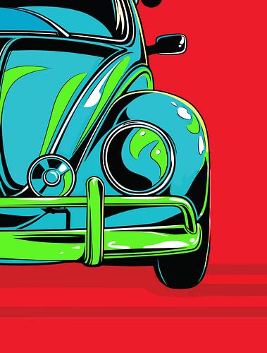 Retro turquoise sportwagen front pop art portret